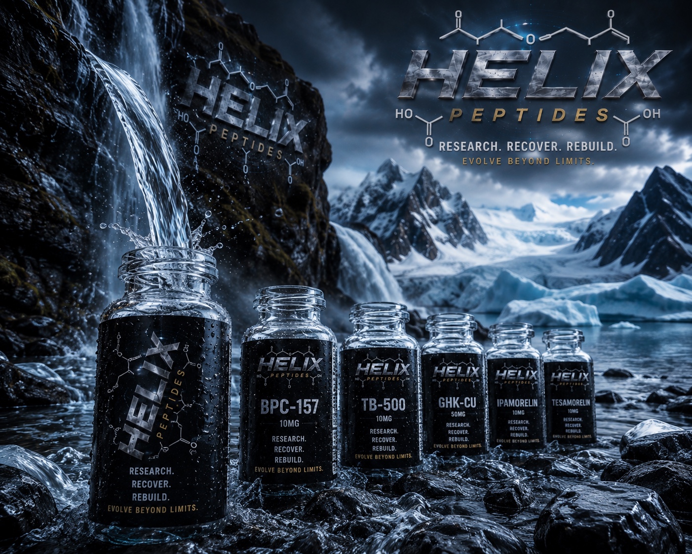 HELIX Peptides branded research vials in an icy laboratory-inspired scene