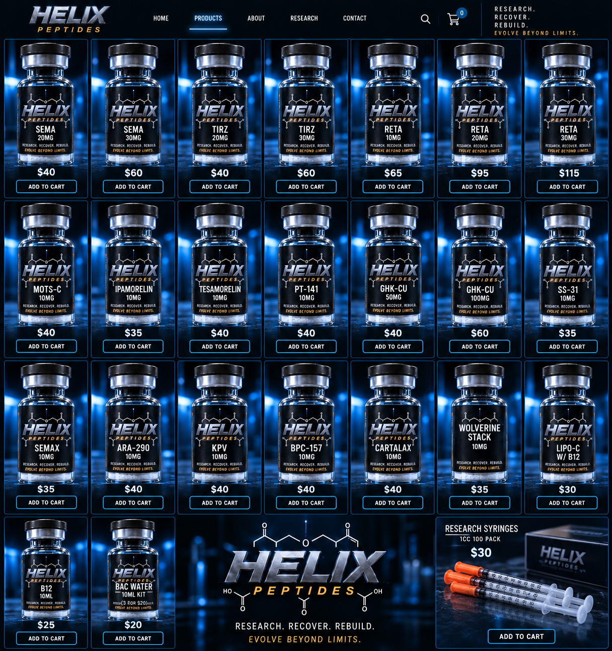 HELIX Peptides premium branded product vial catalog